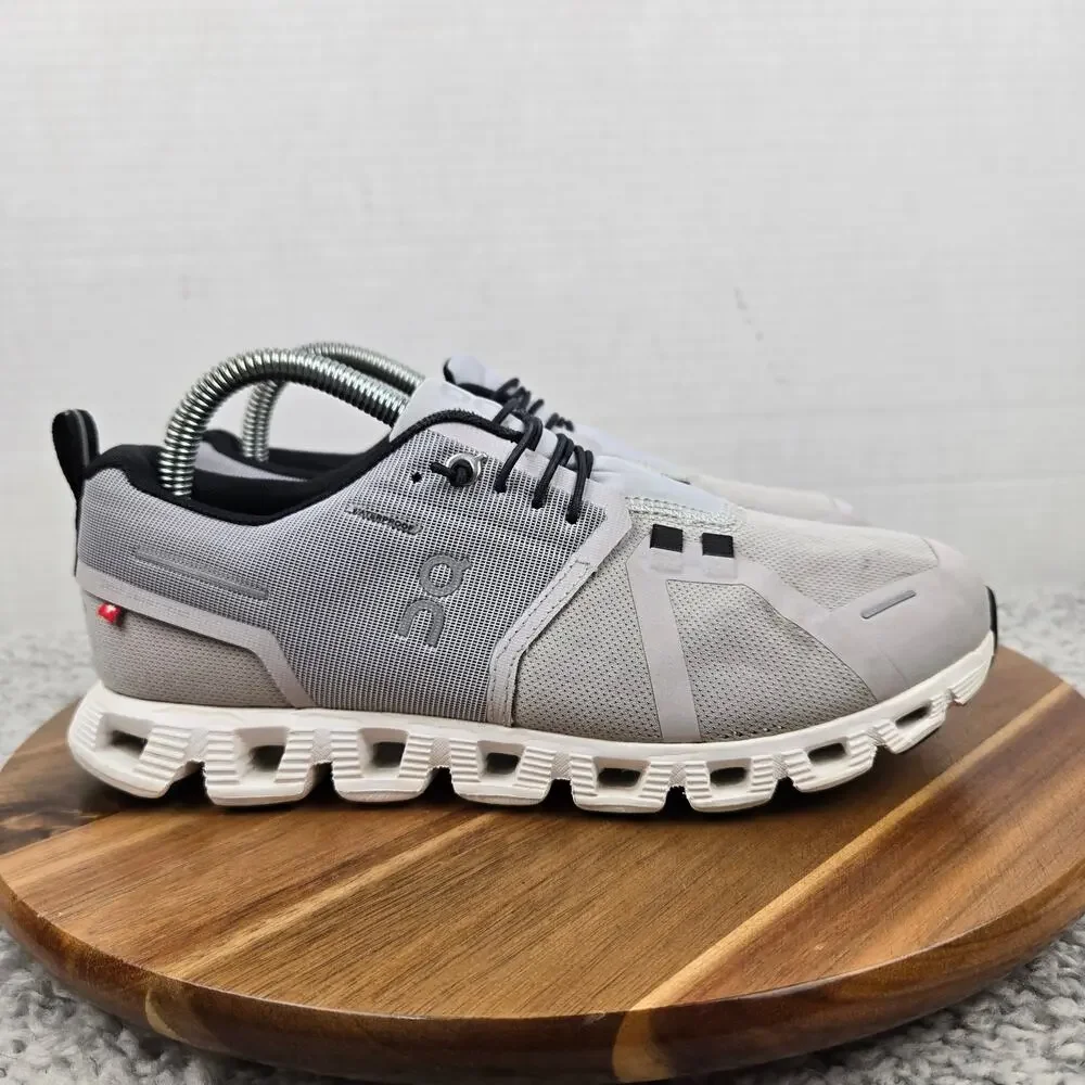 On Womens 7.5 Cloud 5 Waterproof Glacier Gray White Athletic Gym Running Shoe